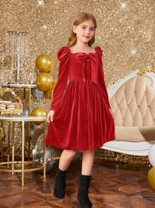 Tween Girl Sweetheart Neck Bow Decoration Puff Sleeve Velvet Ladylike Dress , Christmas