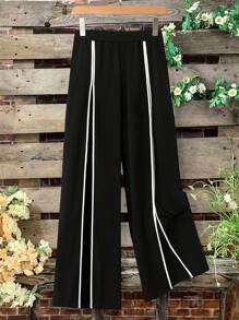 SHEIN LUNE 大码女式针织修身喇叭裤修身白色条纹拼布褶皱长裤