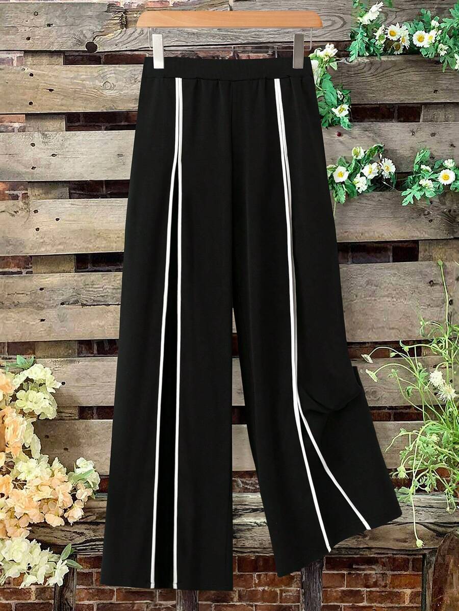 SHEIN LUNE 大码女式针织修身喇叭裤修身白色条纹拼布褶皱长裤