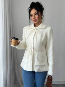 SHEIN Unity 女士纯色前系带长袖口袋简约夹克，休闲日常穿着 - 杏色 - 查看 1