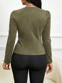 SHEIN Lady Four Season/ Attire/ Suede Black Button Detail Open Front Jacket In Fall/Winter - Army Green - View 2