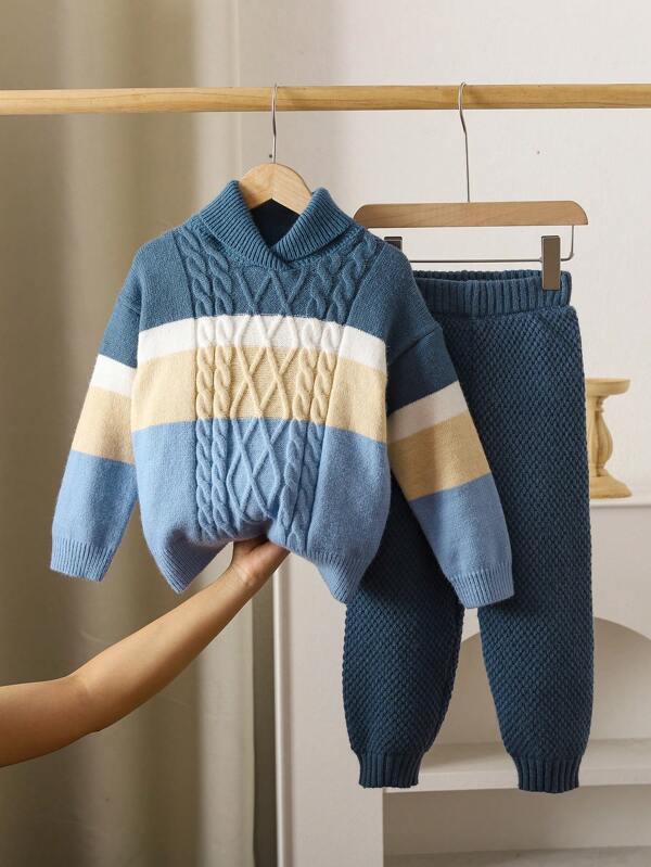 Set de 2 piezas de invierno para niño pequeño: Suéter de cuello alto a rayas y conjunto de pantalones de punto