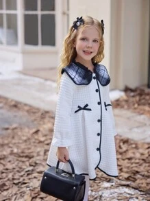 Girls White Long Sleeve Bow Decor Cute & Comfortable Dress, Suitable For Party And Casual Wear, Autumn/Winter - White - View 4