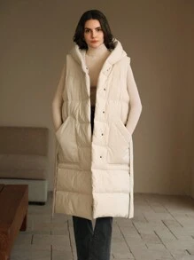 Anewsta Thick Long Sleeveless Waist-Drawn Horizontal Seam Vest Women's Coat