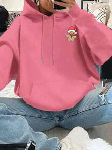 SHEIN EZwear Áo sweatshirt dài tay dáng rộng in khẩu hiệu chủ đề Giáng sinh dành cho nữ, kiểu dáng thường ngày, vai rớt. - Hồng - Xem 2