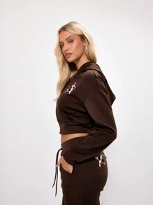 MUSERA Star Patched Cropped Zip Up Hooded Sweatshirt Graphic - Brown - View 5