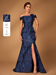Serin Elegant Gorgeous Navy Blue One Shoulder Sleeve Luxurious Jacquard Satin Pleated 3D Floral Slit Mermaid For Wedding Party Vacation Formal Event Mother Of The Bride Evening Gown - Navy Blue - View 8