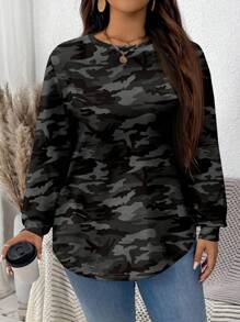 SHEIN LUNE Casual minimalistische allover camouflage print losse pasvorm pullover sweatshirt, grote maat
