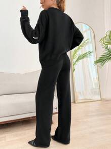 EURMUSE Petite Knitwear Two Piece Pearl Stud Rhinestone Embelished Embroidery Trim Detail Sweater + Sweater Pants Set - Black - View 2