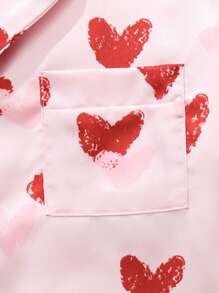 SHEIN Tween Girls Pink Cute Heart Satin Fabric Pants And Long Sleeve Casual Loose 2pcs Pajama Set