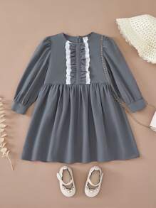 PrepCrw Young Girls' Autumn/Winter College Style Navy Blue Lace Trim Woven A-Line Ruffle Hem Decor Dress