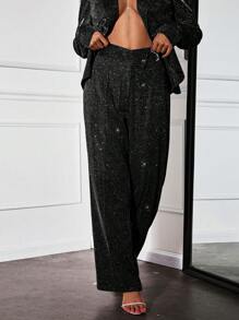 SHEIN SXY Plus Size Women's Elegant Shiny High-Waisted Straight Leg Black Dress Pants, Suitable For Party In Autumn & Winter