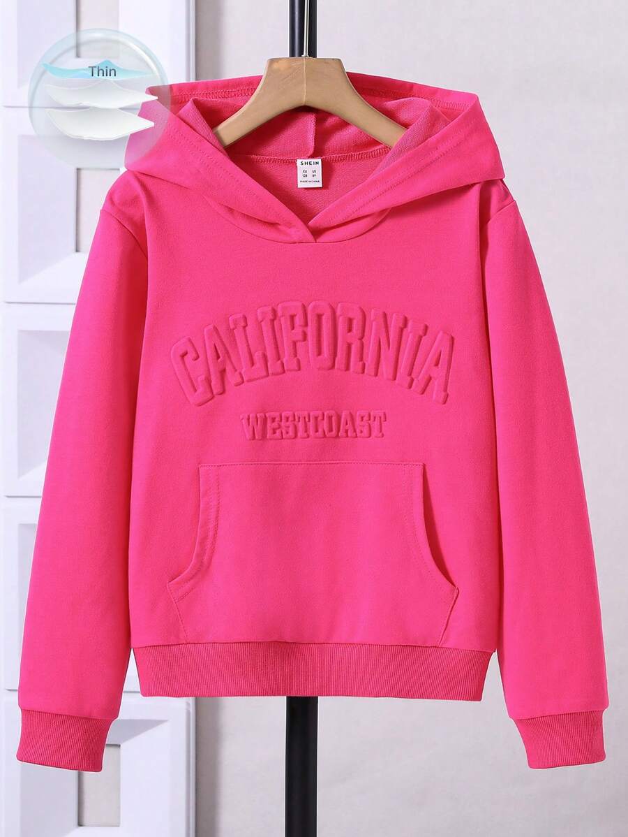 SHEIN Tween Girl Letter Embossed Kangaroo Pocket Hoodie - Hot Pink - View 1
