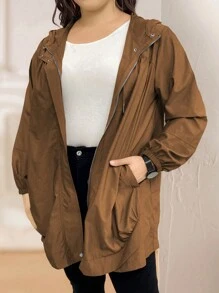 Calvaya Plus Size Jednolity kolor Zamek błyskawiczny z przodu Długi rękaw Kieszeń Minimalistyczna swobodna bluza z kapturem