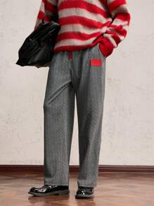 AKNOTIC Party 男士宽松松紧腰直腿休闲运动裤，适合日常穿着 - 紅白色 - 查看 1