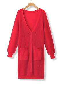 Calvaya Plus Size Cardigan With Pockets, Long Sleeve Casual Tops For Daily Wear For New Year Clothes - Red - View 1