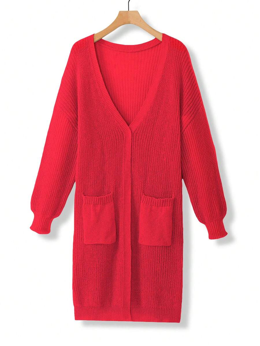 Calvaya Plus Size Cardigan With Pockets, Long Sleeve Casual Tops For Daily Wear For New Year Clothes - Red - View 1