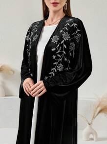 Al Najma Velvet Floral Embroidered Open Front Abaya, Autumn/Winter, Modest Robe - Black - View 5