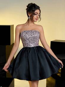 SHEIN Belle Woman Elegant And Gorgeous Pink Sequin Stitching Black Satin Tube Bubble Dress, Suitable For New Year Evening Bachelor Party Birthday Date Back To School Season, Wedding Prom Dress, Wedding Guest Dress - Multicolor - View 10