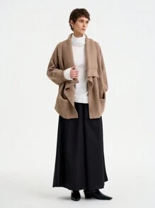 SHEIN Clasi 女士纯色落肩长袖休闲宽松针织开衫，秋冬 - 卡其色 - 查看 6