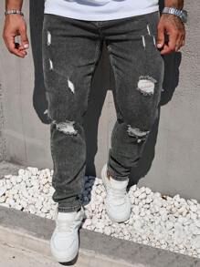 Manfinity Homme Men's Front Button Pocket Distressed Casual Denim Jeans - Dark Grey - View 3