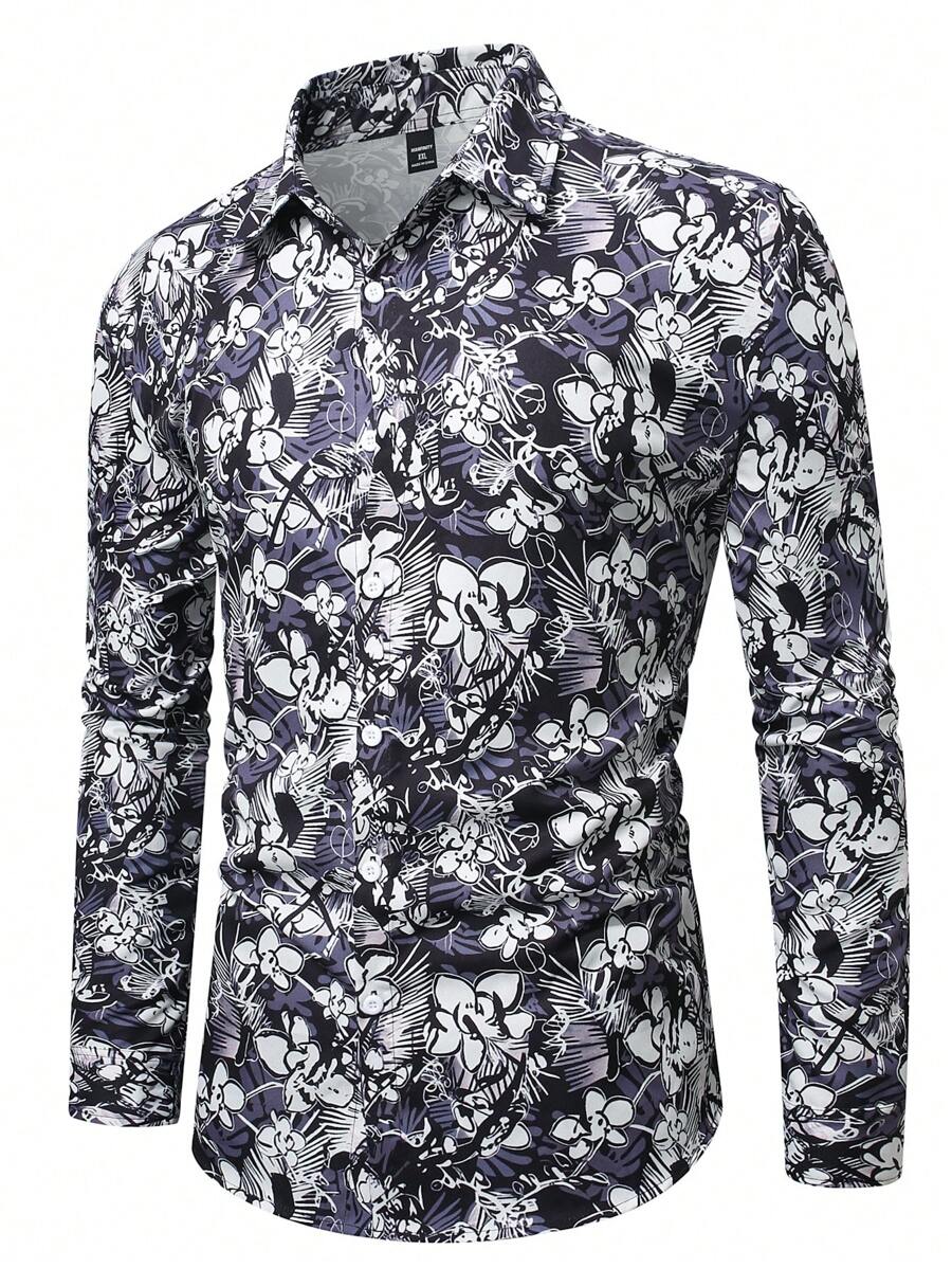 Manfinity LEGND Plus Size Men's Front Button Down Long Sleeve Allover Print Casual Shirt - Multicolor - View 1