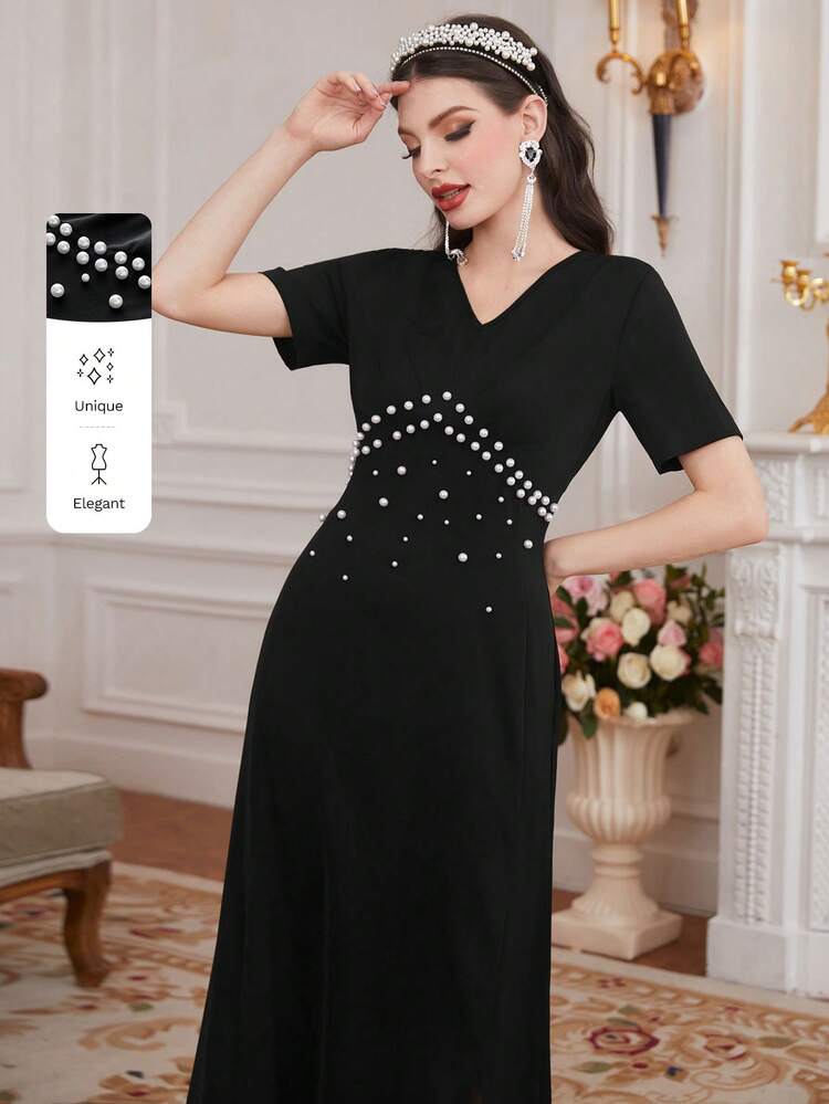 Women's Short Sleeve V-Neck Dress With Pearl Beaded Details