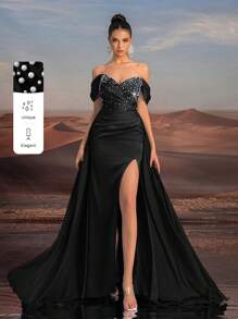 Glamrae Vestido de noche elegante y grácil con hombros descubiertos, escote princesa, silueta ajustada de sirena, con volante delantero, ribete con cuentas, espalda descubierta con abertura alta y tren desmontable, para ocasiones formales, bodas, fiestas. Vestido de noche negro para invitados de boda, graduación, cena.