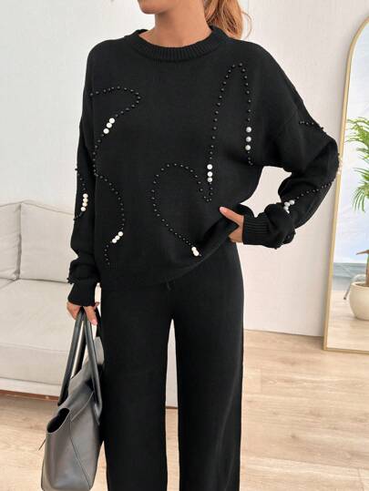 EURMUSE Petite Knitwear Two Piece Pearl Stud Rhinestone Embelished Embroidery Trim Detail Sweater + Sweater Pants Set