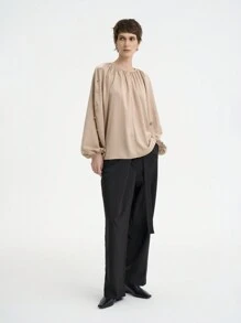 SHEIN Clasi Women's Elegant Fashion Commuting Long Sleeve Round Neck Decorative Button Plain Satin Blouse