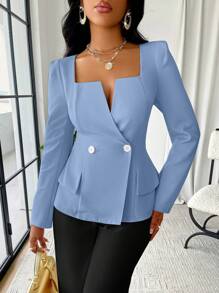 SOLERSUN Solid Color Square Neck Double Breasted Flap Detail Blazer Fall Cloth For Women - Baby Blue - View 6