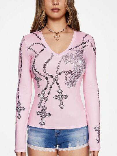 J-Fashion T-shirt rose pour femmes avec imprimé chaînes croisées, style Harajuku, sous-culture Y2K