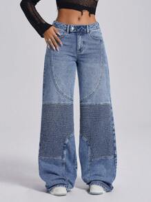 SHEIN ICON Women's Low-Waisted Embroidered Vintage Straight Leg Jeans Low Rise Straight Leg Jeans - Medium Wash - View 1