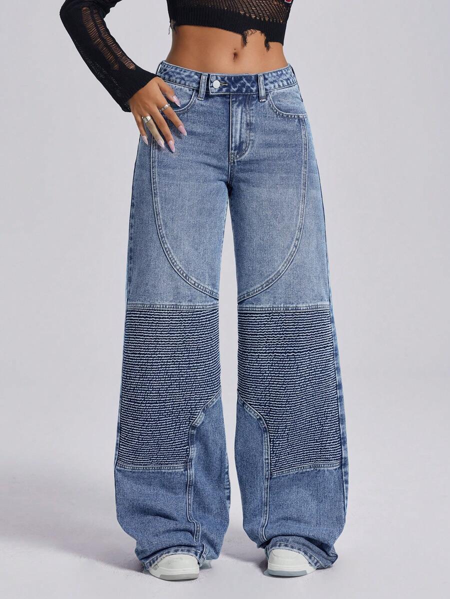 SHEIN ICON Women's Low-Waisted Embroidered Vintage Straight Leg Jeans Low Rise Straight Leg Jeans - Medium Wash - View 1