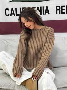 Flirla 宽松美式条纹印花长袖套头毛衣，秋冬款 - 彩色 - 查看 4
