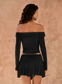 Opulessa Black Autumn Seksi Chic Night Out Women 2Pcs Outfit,Off Shoulder Knitted Slim-Fit Crop Top & Low Waist Mini Skirt,Christmas Cocktail Party Formal Gown - Black - View 2