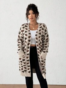 Flirla 大码女式枫叶印花双口袋开衫，长袖，冬季 - 彩色 - 查看 5