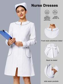 Scrubzie Anti-Wrinkle Color Block Long Sleeve Round Neck Nurse Dress For Women - White - View 1