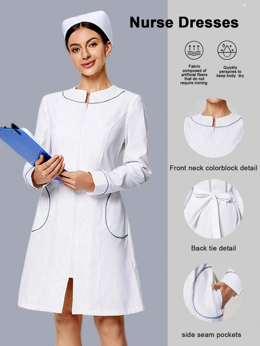 Scrubzie Anti-Wrinkle Color Block Long Sleeve Round Neck Nurse Dress For Women - White - View 1