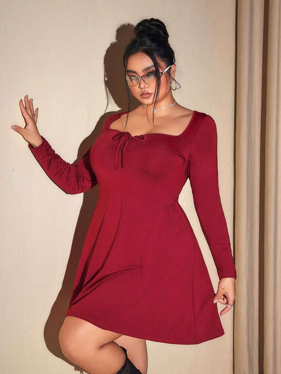 SHEIN ICON Plus Size Women Square Neck Waist A-Line Dress, Party Outfit, Angora Red, New Year Party Dress - Burgundy - View 1