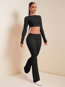 SHEIN SXY 2 piezas Conjunto de top casual de manga larga y cuello redondo de color liso, y pantalones para mujer