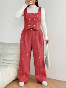 Flirla Plus Size Sleeveless Contrast Color Lapel Button Woolen Vest & Pants Suit, Casual, Work, Party, Date Elegant Outfit For Autumn/Winter For New Year Clothes