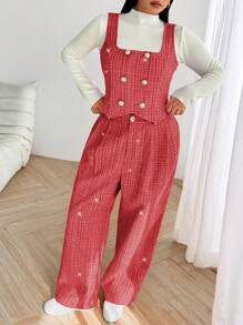 Flirla Plus Size Sleeveless Contrast Color Lapel Button Woolen Vest & Pants Suit, Casual, Work, Party, Date Elegant Outfit For Autumn/Winter For New Year Clothes