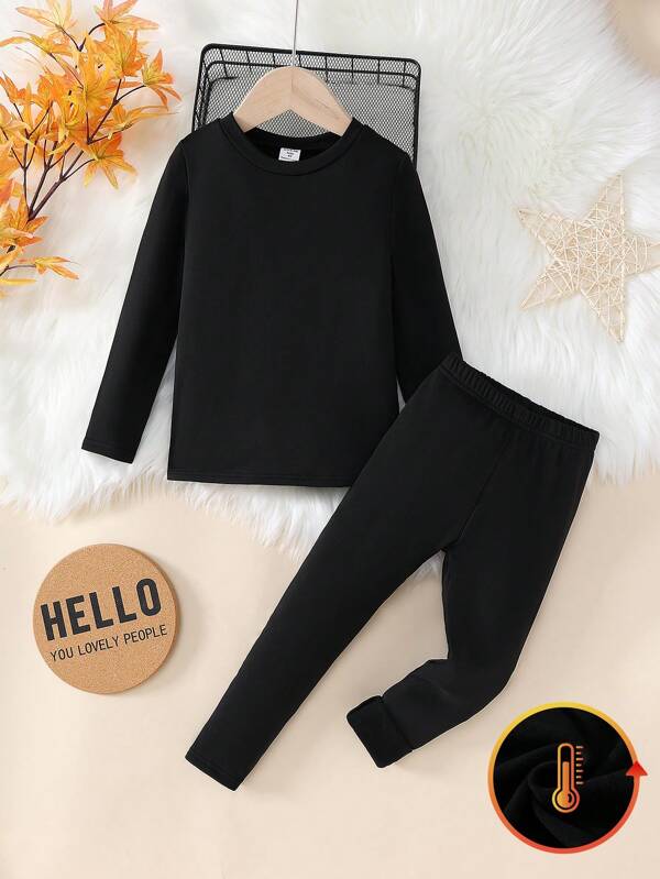 Conjunto de 2 peças/conjunto de blusa e leggings de manga comprida preta para meninas jovens, conjunto de roupa íntima térmica