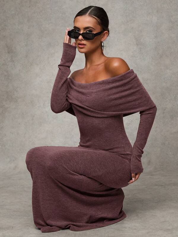 SHEIN BAE Women Elegant Grey Off-Shoulder Fitted Long Fall Dress,Elegant Women Dresses,Fall Wedding Guest Dress