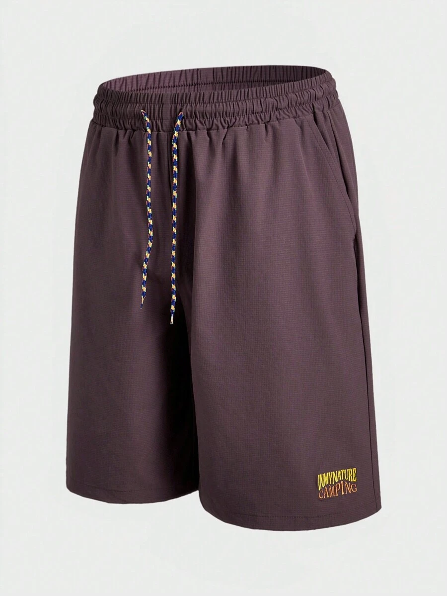 In My Nature Men's Letter Print Drawstring Waist Loose Outdoor Shorts - Purple - View 1