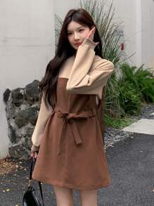 DAZY 女式纯色拼接圆领长袖前系带休闲短款溜冰裙，秋季连衣裙 - 彩色 - 查看 4