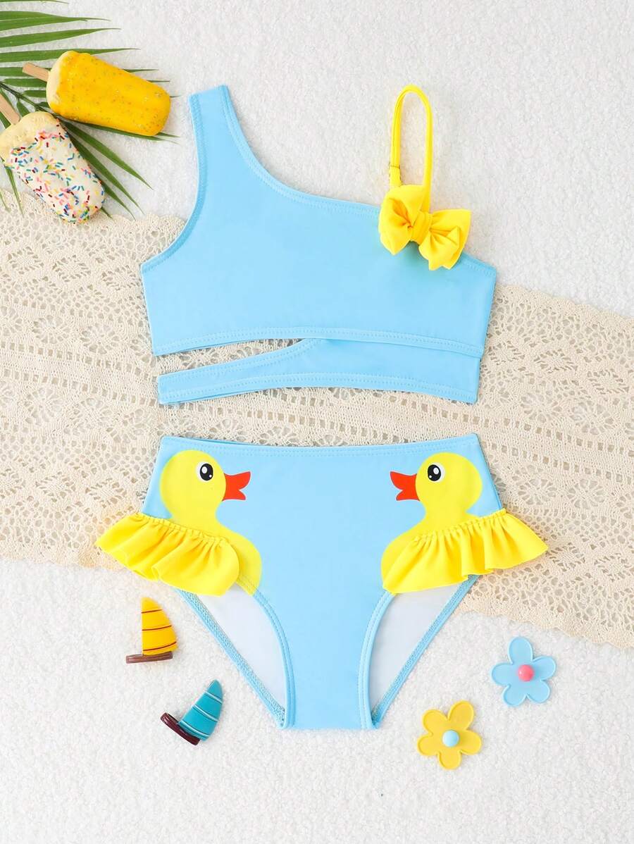 Conjunto de bikini lindo con estampado de patitos y lazo decorativo para niñas pequeñas, ideal para playa y vacaciones