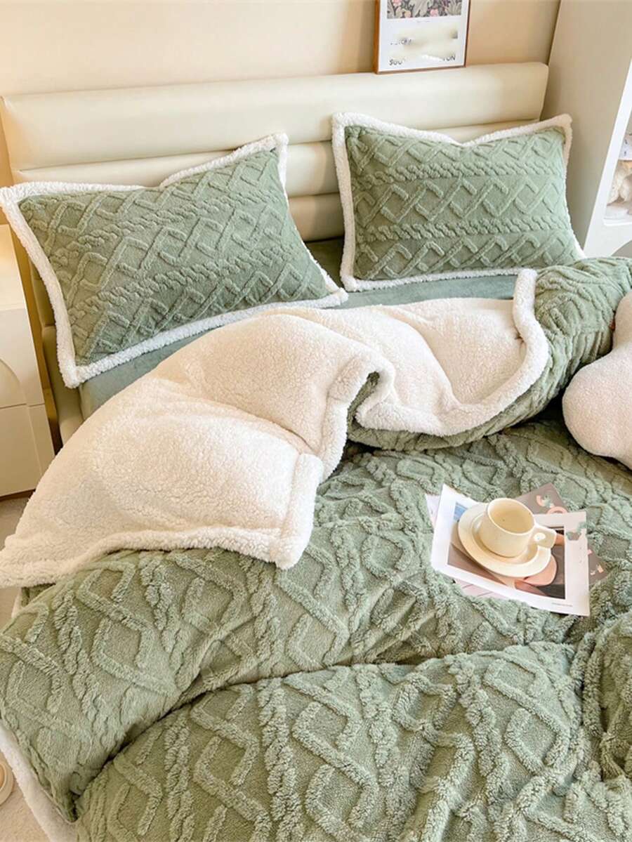 Juego de 3 piezas de edredón y funda de almohada de tafetán verde y lana de cordero, juego de ropa de cama multifuncional con 1 edredón y 2 fundas de almohada, lavable a máquina - Verde - Ver 1
