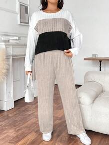 Calvaya Plus Size Casual Color Block Patchwork Long Sleeve & Pants 2 Pieces Set, Autumn - Multicolor - View 1